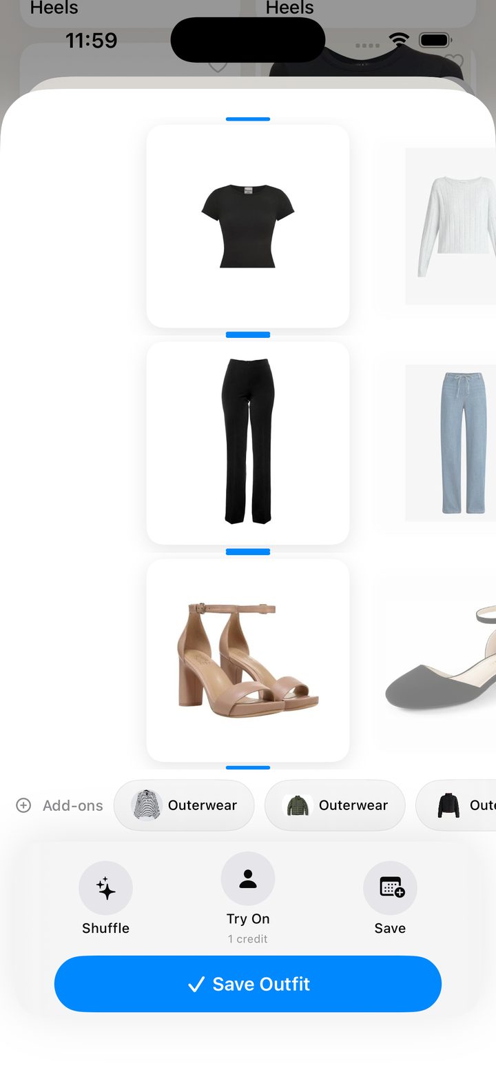 Outfit builder showing top, bottom and shoes carousels with Save Outfit button