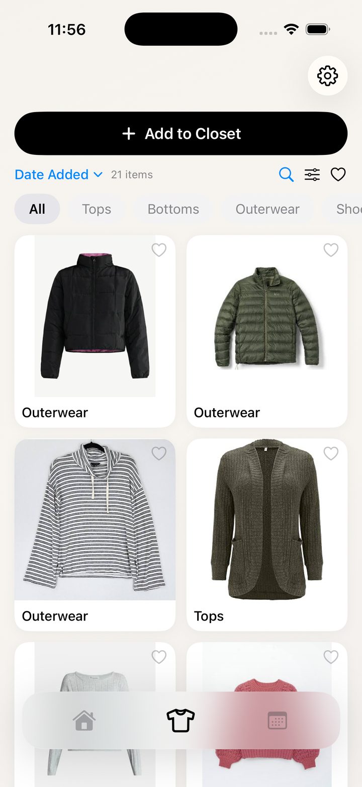 Closet grid view organized by category — outerwear, tops, bottoms