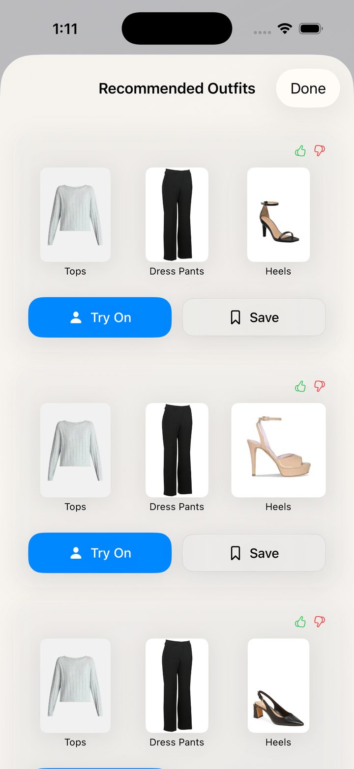 Daily recommended outfits with Try On and Save buttons