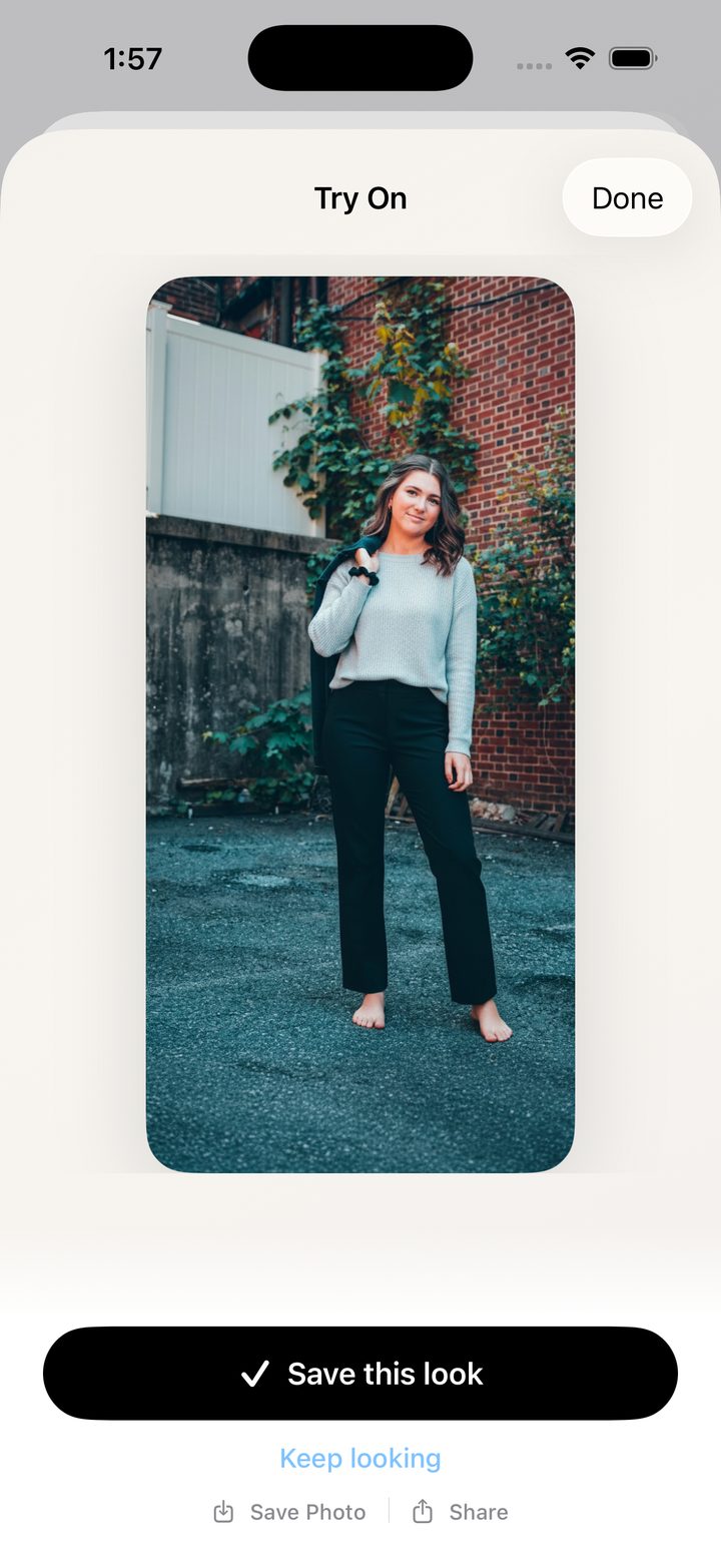 Virtual try-on result showing a person wearing the rendered outfit