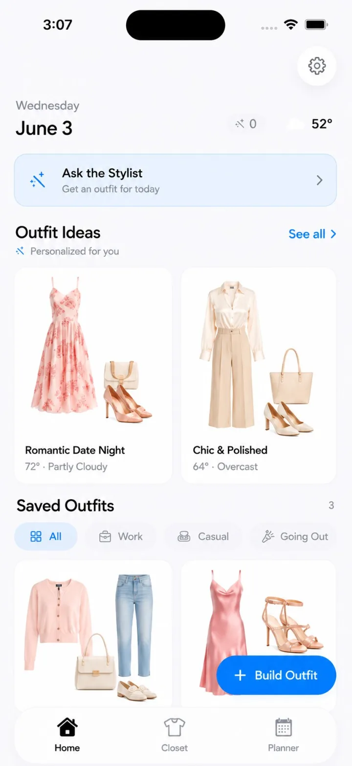 Wearra iPhone home screen showing outfit ideas and saved outfits