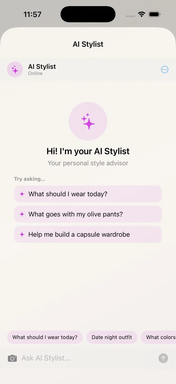 Wearra AI Stylist chat screen with suggested outfit prompts