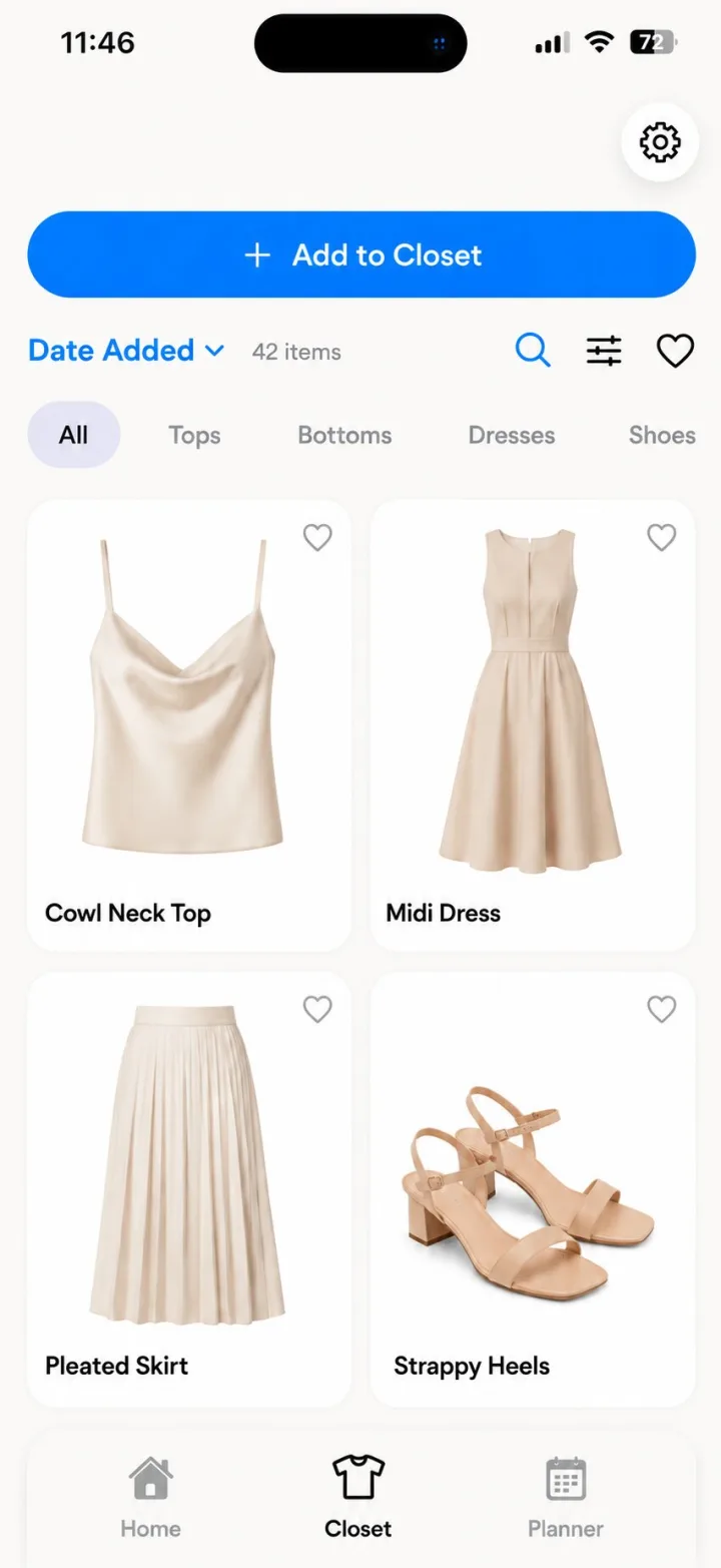 Closet grid view with category filters, search, favorites, and clothing item cards