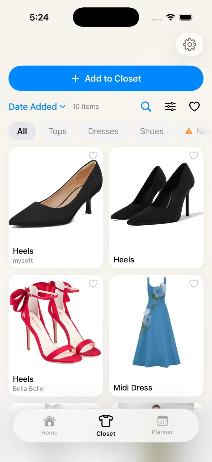 Wearra digital closet grid with categories, search, favorites, and clothing item cards