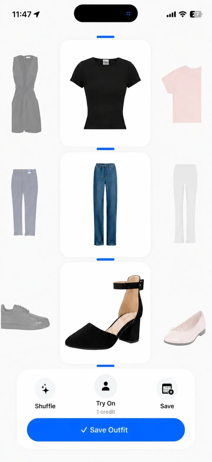 Wearra outfit builder screen with clothing carousel and Shuffle, Try On, and Save actions