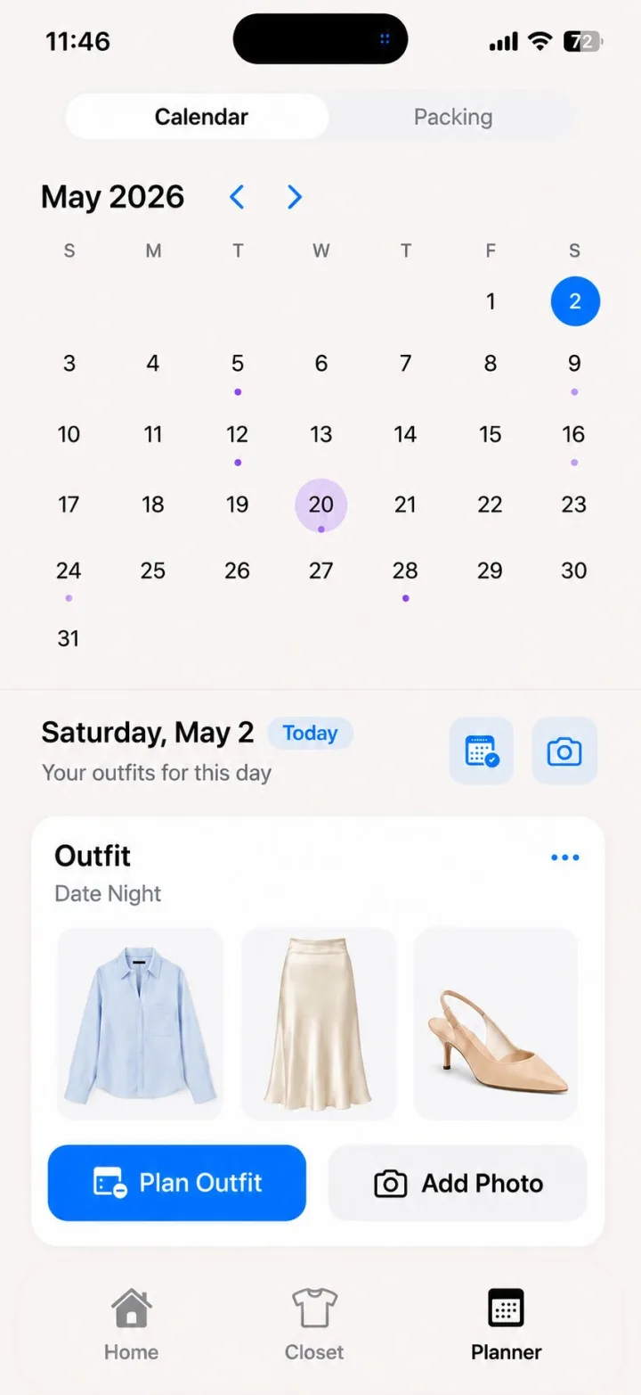Wearra planner calendar screen for scheduling outfits by day
