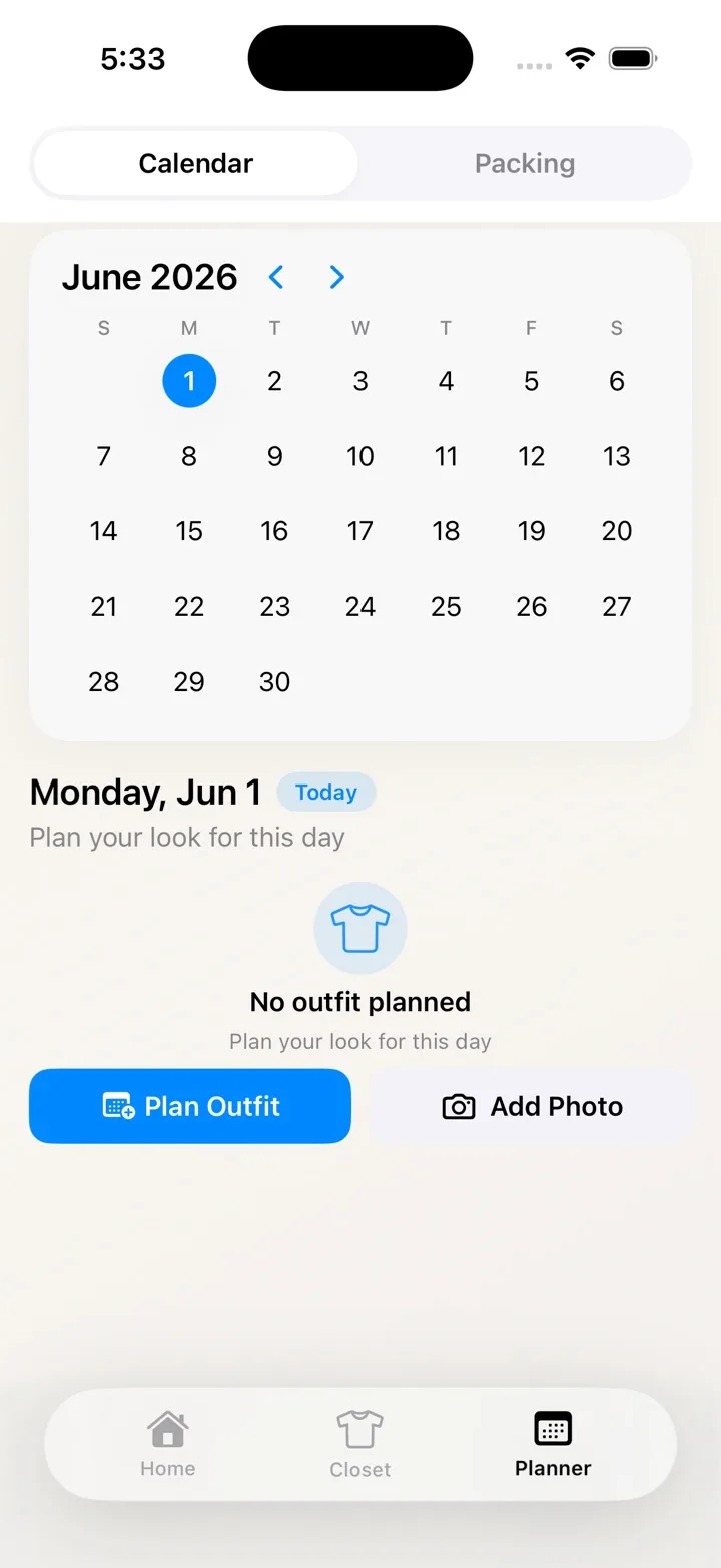 Wearra planner calendar screen for scheduling outfits by day