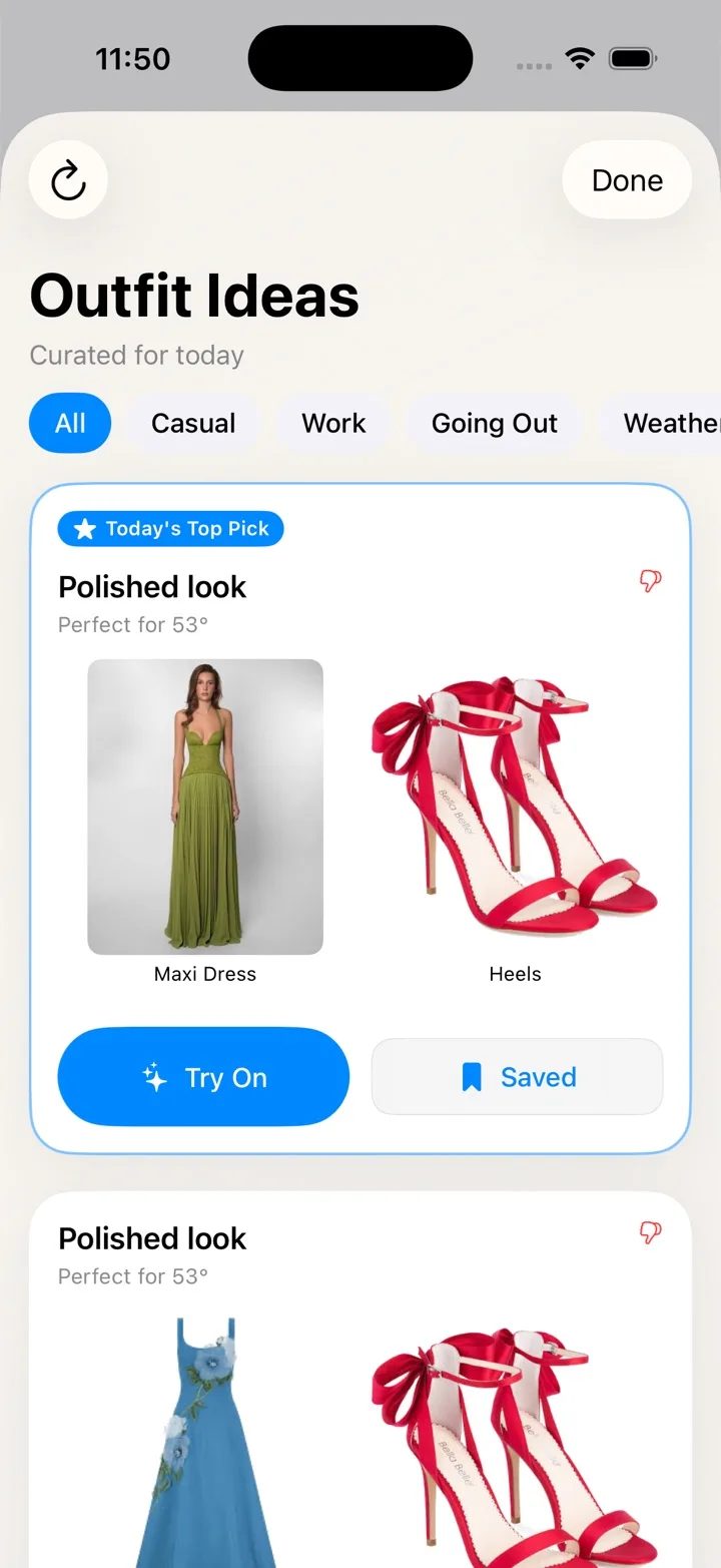 Wearra outfit recommendations screen with closet-based outfit ideas and feedback actions
