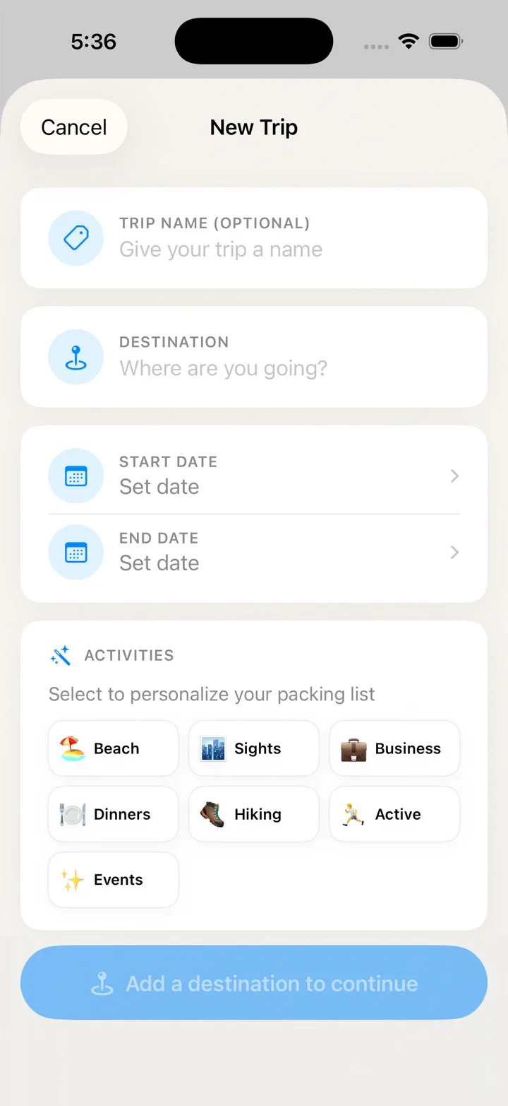 Wearra trip form for creating a packing list by destination, dates, and activities